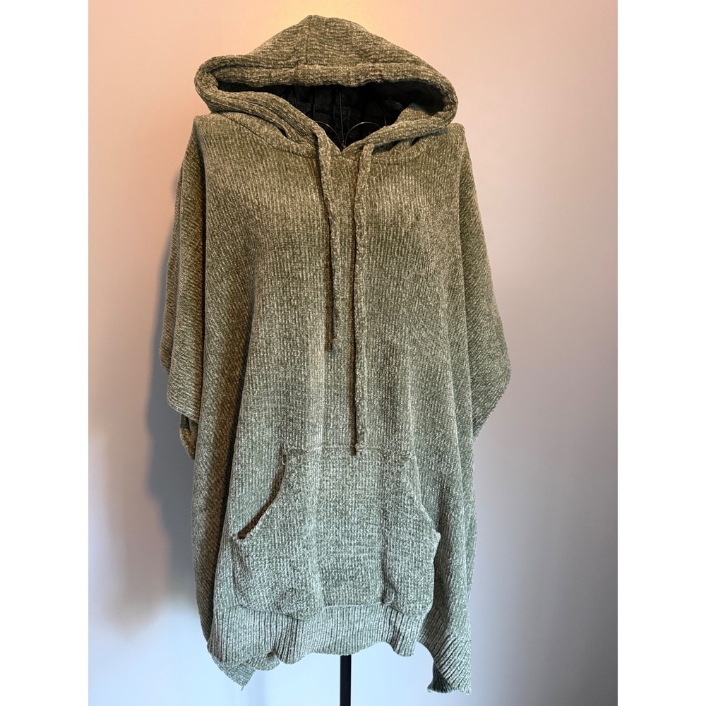 Sage Green Chenille Knit Hooded Poncho Kangaroo Pocket One Size RN 134313